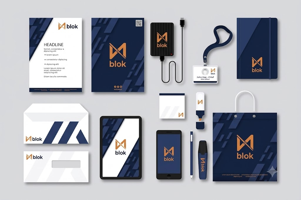 Identité de marque Blok — déclinaisons papeterie, objets et digital