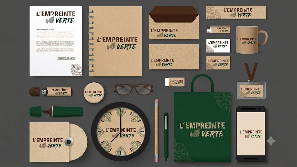 Identité de marque L'Empreinte Verte — déclinaisons papeterie, objets et digital
